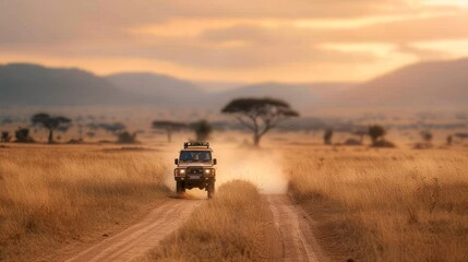 Fototapeta premium A safari vehicle drives on a dusty road through the savannah at sunset, with distant mountains and acacia trees in the background.