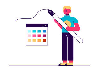 Fototapeta premium Graphic designer creating his artwork. Art studio vector illustration