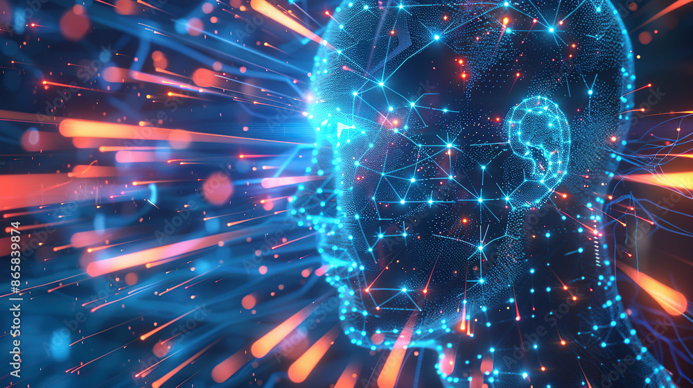 Aufkleber digital background featuring an ai head with glowing lines and light effects