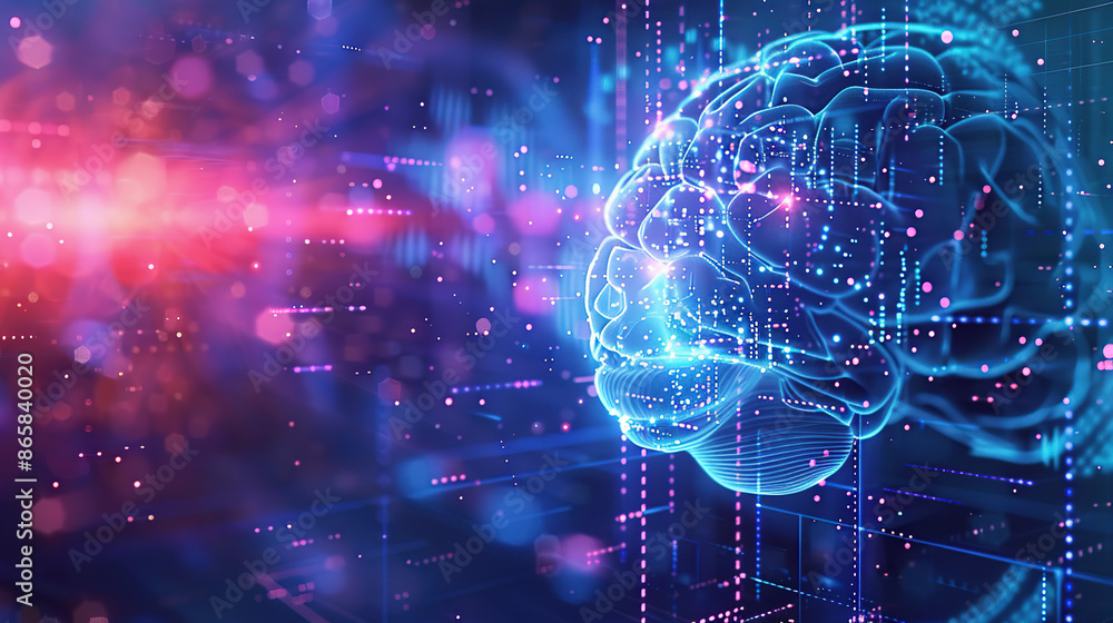 Poster digital brain in futuristic background with glowing elements and holographic interface, symbolizing 