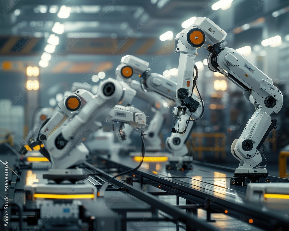 Poster industrial robotic arms working in a high-tech manufacturing factory with advanced automation proces
