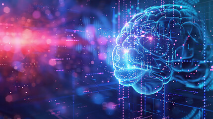 Obraz premium Digital brain in futuristic background with glowing elements and holographic interface, symbolizing artificial intelligence technology concept