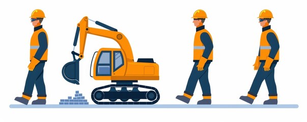 Illustration of construction workers wearing safety gear and operating equipment. Perfect for industry or safety-themed content.