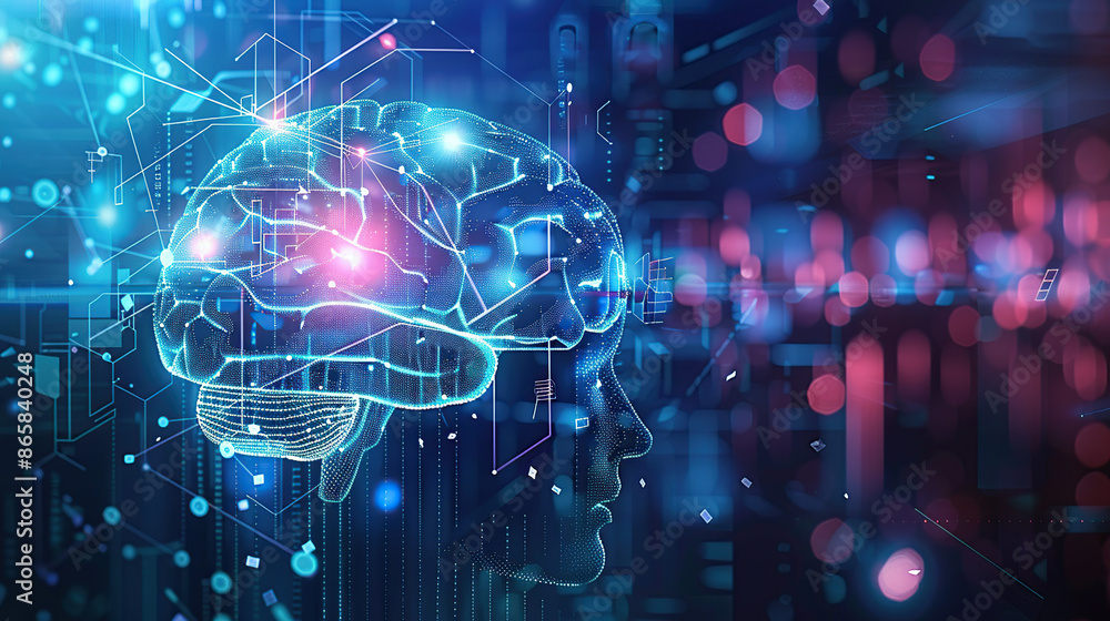 Aufkleber digital brain in futuristic background with glowing elements and holographic interface, symbolizing 