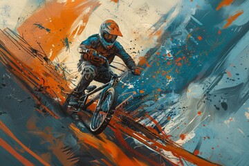 Fototapeta premium BMX rider illustration with a blue and orange background.