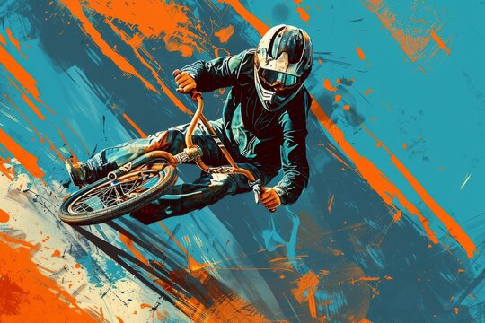 BMX rider illustration with a blue and orange background.