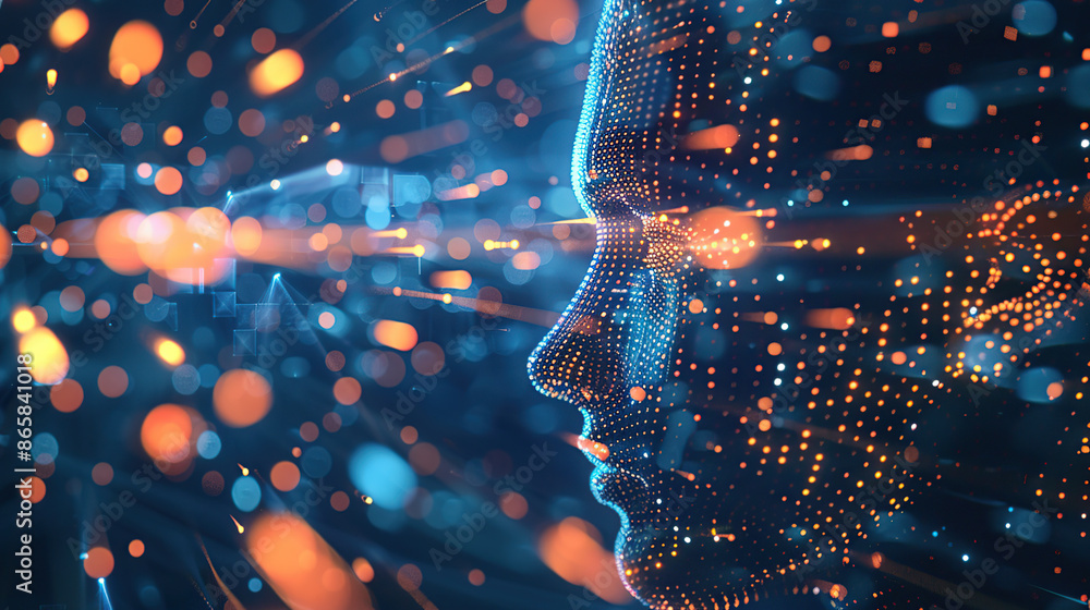 Poster digital background featuring an ai head with glowing lines and light effects