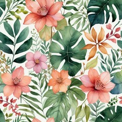 Watercolor Tropical Flowers and Leaves Seamless Pattern.