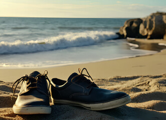 Obraz premium a pair of black shoes on the sandy beach