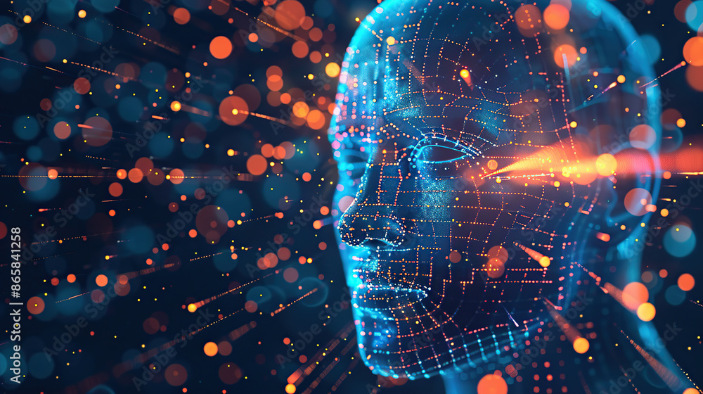 Poster digital background featuring an ai head with glowing lines and light effects