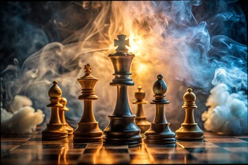 A chess board with a cloud of smoke in the background