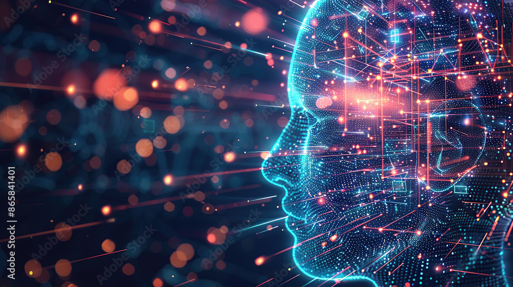 Poster digital background featuring an ai head with glowing lines and light effects