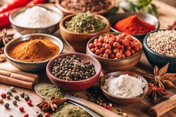 Fototapeta premium A variety of spices are displayed in wooden bowls on a table