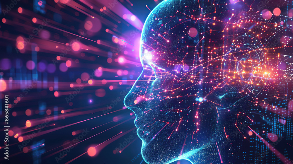 Poster digital background featuring an ai head with glowing lines and light effects