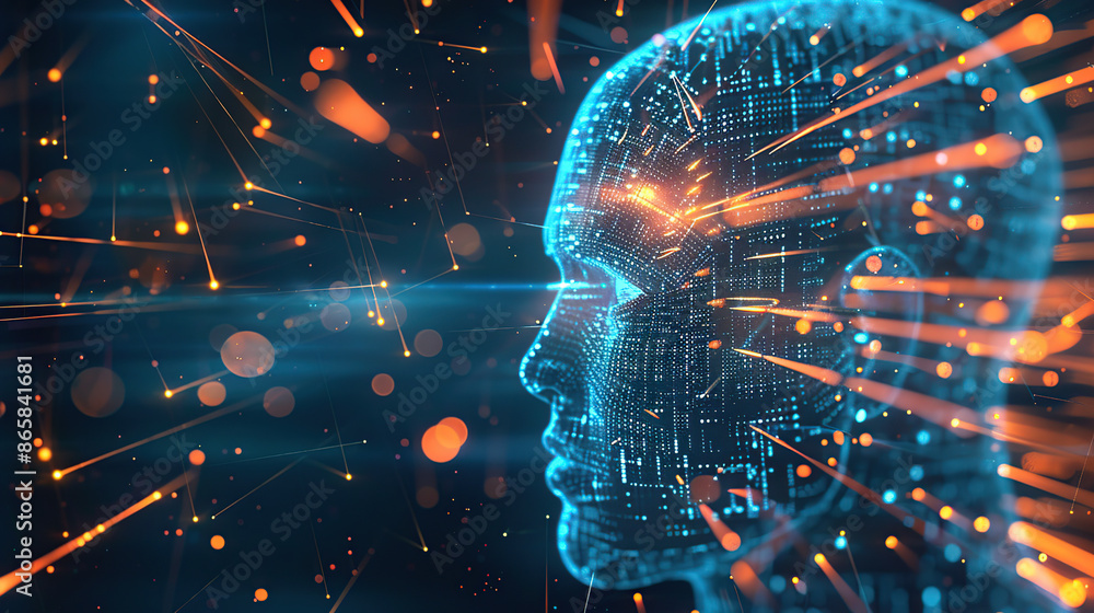Poster digital background featuring an ai head with glowing lines and light effects