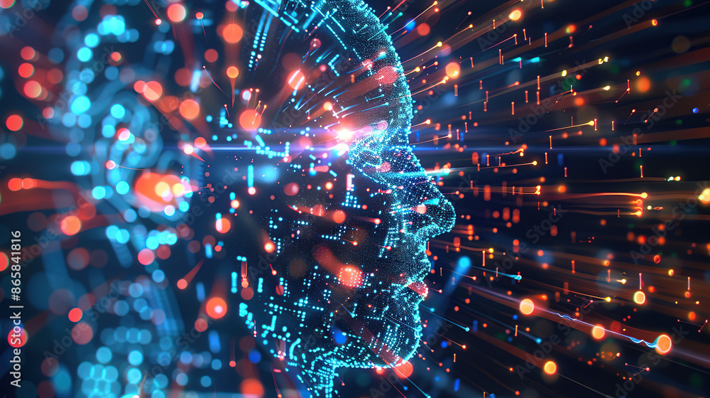 Poster digital background featuring an ai head with glowing lines and light effects