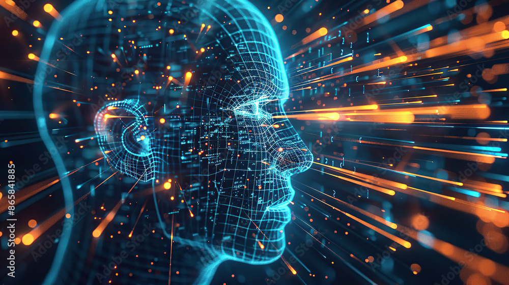 Poster digital background featuring an ai head with glowing lines and light effects