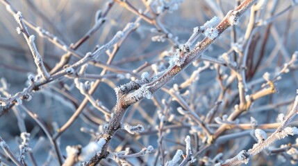 Close up view of frozen branches on a winter Mulberry bush