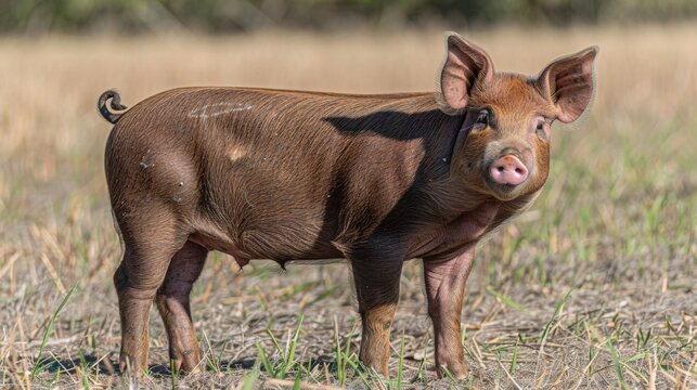 Duroc Pig Standing in the Morning 