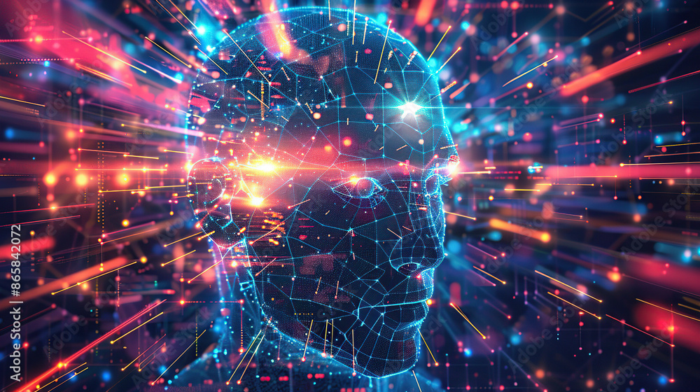 Poster digital background featuring an ai head with glowing lines and light effects