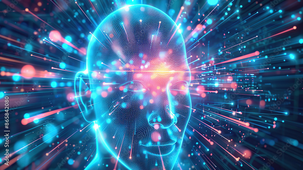 Poster digital background featuring an ai head with glowing lines and light effects