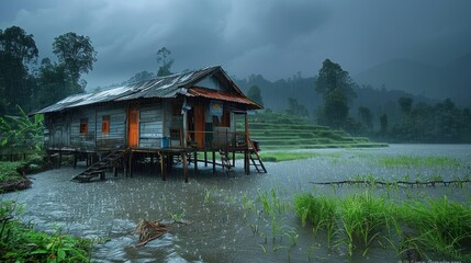 Obraz premium As the monsoon rains descend upon the countryside, farmers take shelter in their stilted houses, the rhythm of the downpour lulling them to sleep.