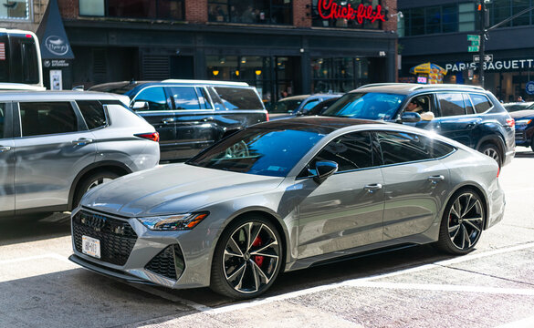 New York City, USA - November 11, 2023: 2021 Audi RS7 sportback car silver color, side view