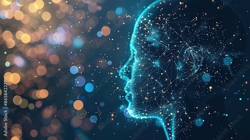 Poster digital background featuring an ai head with glowing lines and light effects