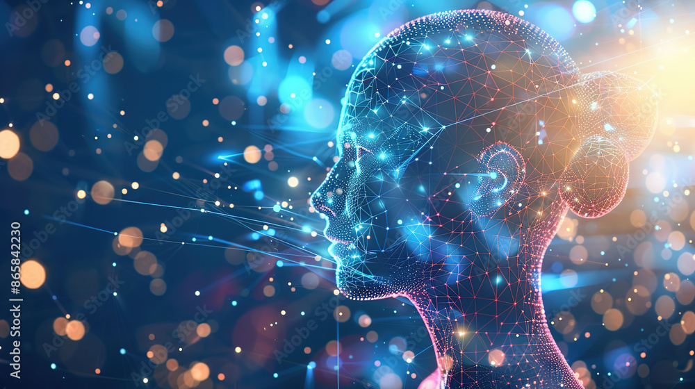 Poster digital background featuring an ai head with glowing lines and light effects