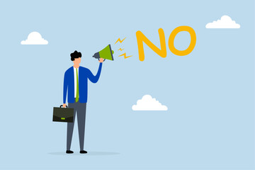 Obraz premium Learn to say no, confident businessman speaks loudly in megaphone with the word No to his boss.