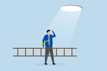 Business hope to solve crisis problem, businessman holding ladder, looking at light of hope, plans to climb and escape through hole.