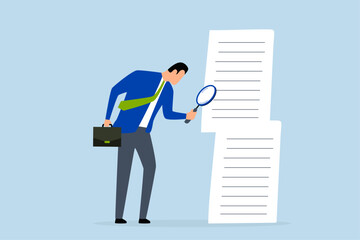 Document checking, businessman manager with big magnifying glass, checking document paper.