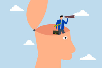 Clear business vision to see future opportunity, businessman with binoculars opens his head above cloudy storm to get clear view.
