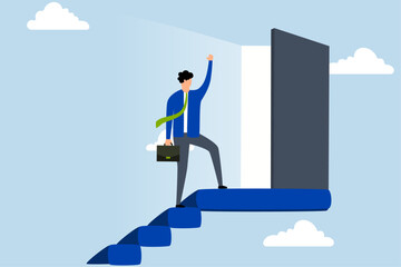 Open new opportunity door, businessman reaching the top of  ladder opens the door of possibilities to bright light.