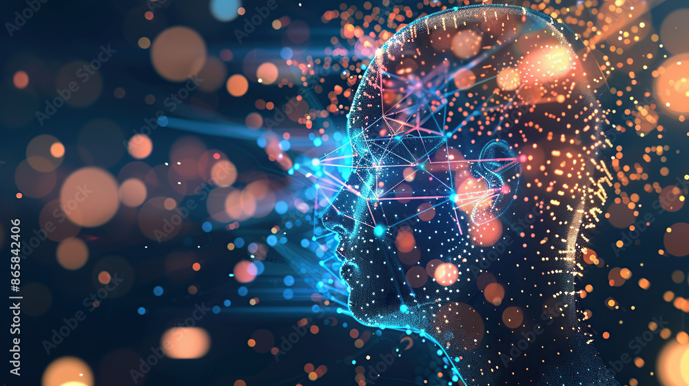 Poster digital background featuring an ai head with glowing lines and light effects