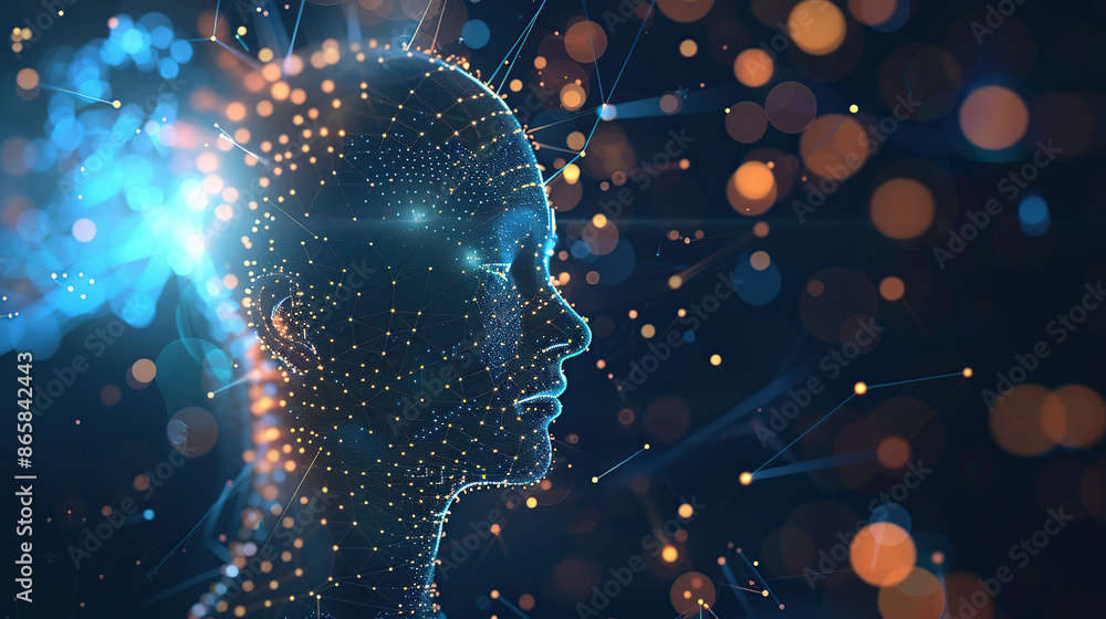 Poster digital background featuring an ai head with glowing lines and light effects
