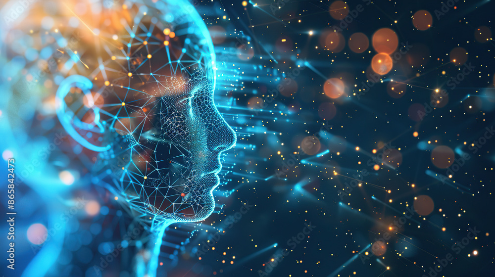 Poster digital background featuring an ai head with glowing lines and light effects