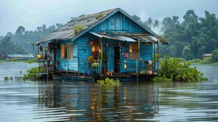 Fototapeta premium In the floating villages of Tonle Sap, families live their lives entirely on the water, their homes swaying gently with the ebb and flow of the tide.