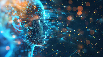 Digital background featuring an AI head with glowing lines and light effects