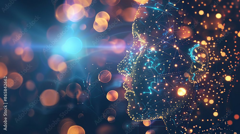 Poster digital background featuring an ai head with glowing lines and light effects