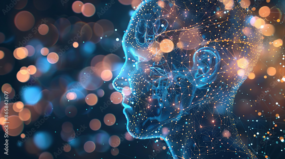 Poster digital background featuring an ai head with glowing lines and light effects