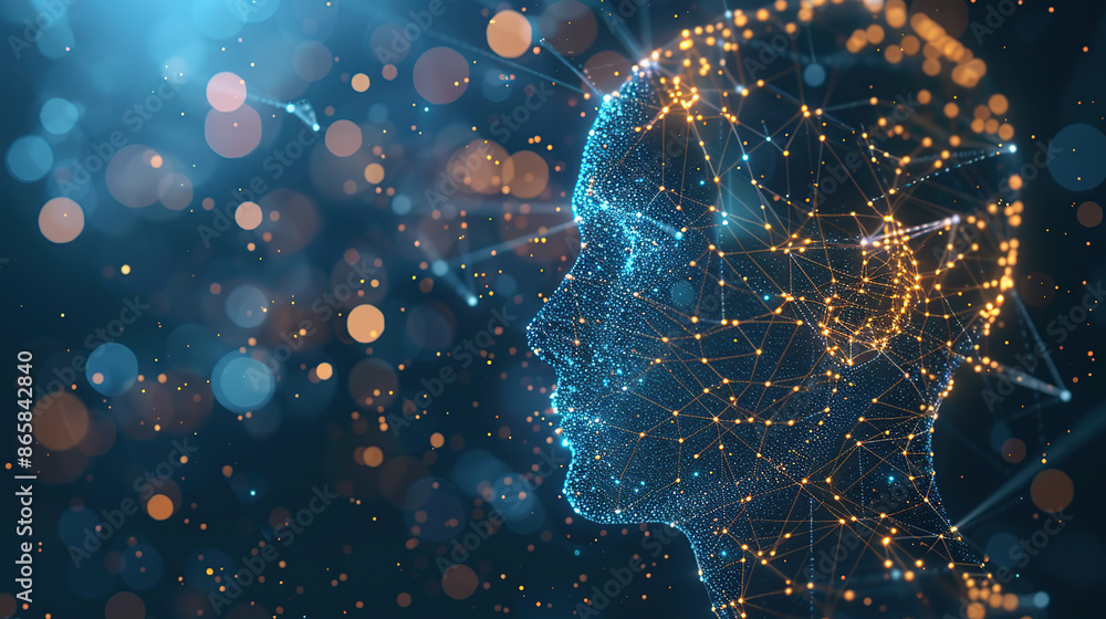 Poster digital background featuring an ai head with glowing lines and light effects