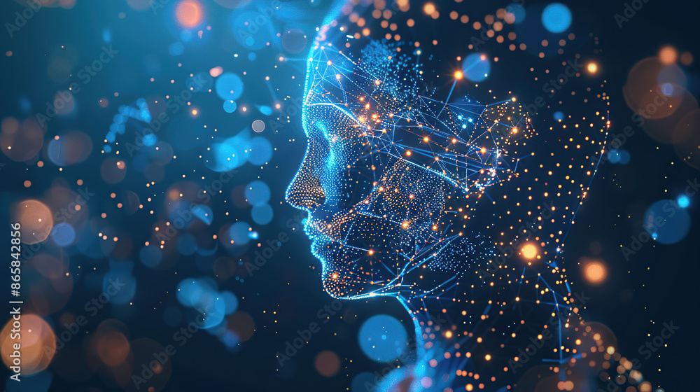 Poster digital background featuring an ai head with glowing lines and light effects