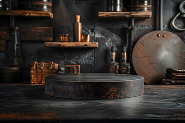 Clean design of round tabletop counter against masculine background for mockup displays.