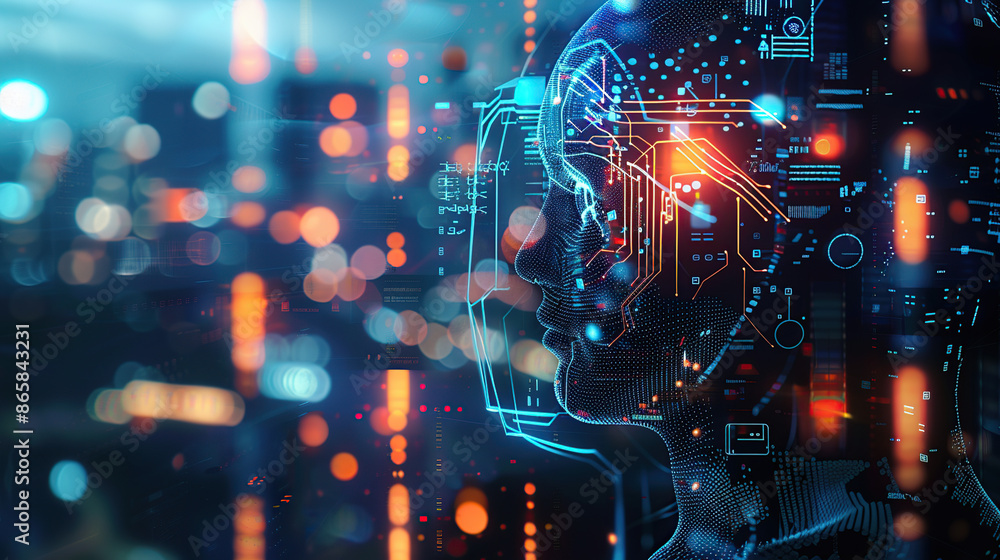 Poster digital background featuring an ai head with glowing lines and light effects