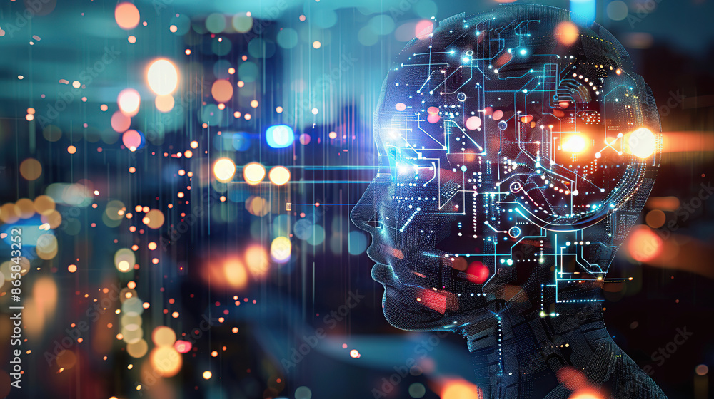 Poster digital background featuring an ai head with glowing lines and light effects