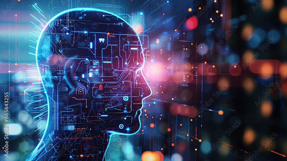 Poster digital background featuring an ai head with glowing lines and light effects