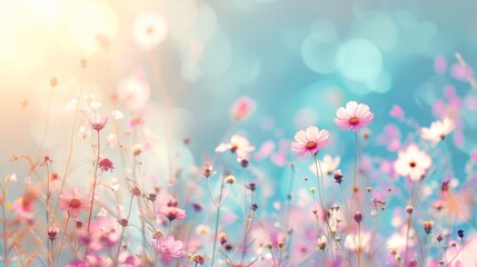 Beautiful meadow with colorful wildflowers in soft sunlight, perfect for spring or summer themed designs or nature backgrounds.