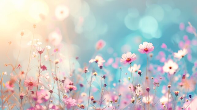 Beautiful meadow with colorful wildflowers in soft sunlight, perfect for spring or summer themed designs or nature backgrounds.