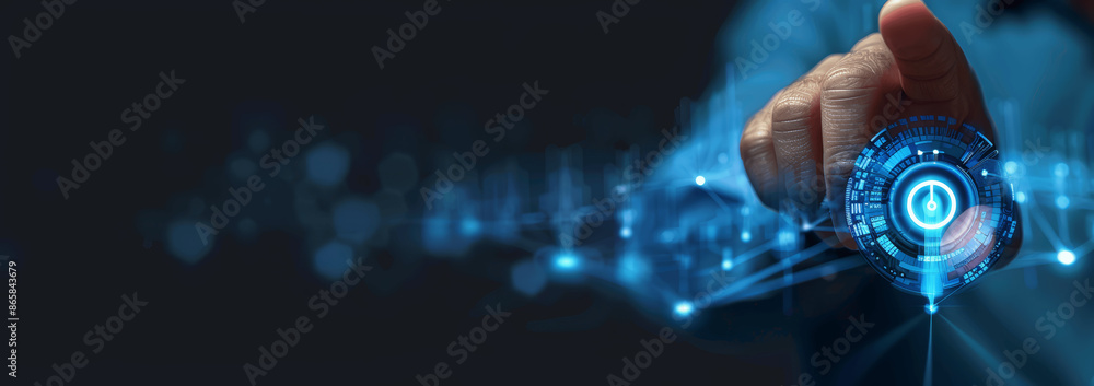 Poster businessman pointing at virtual target arrow on blue background analyzing financial data growth tech